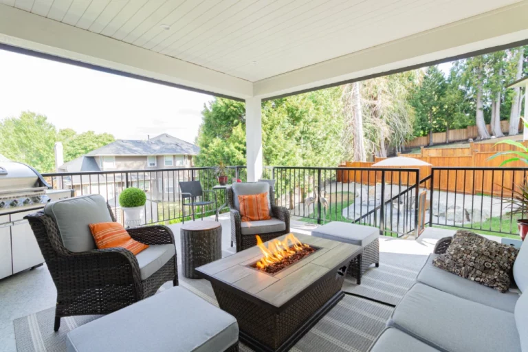 outdoor furniture with a fire table